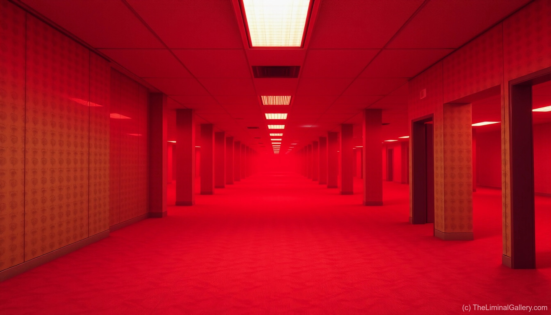 Red-tinged rooms in Level 0, The Lobby, capturing the unnerving and disorienting atmosphere of the Backrooms.